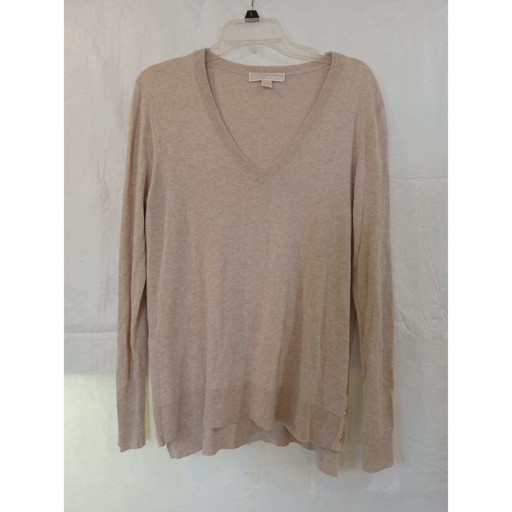 Michael Kors Womens Tan Beige V-Neck Side Button Knit Sweater Size M